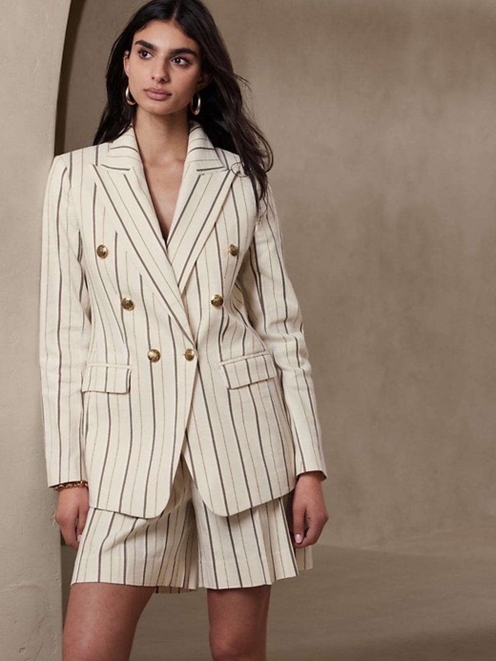 NWT BANANA REPUBLIC SIZE‎ 6 ALVA LINEN COTTON BLAZER white stripe gold buttons
